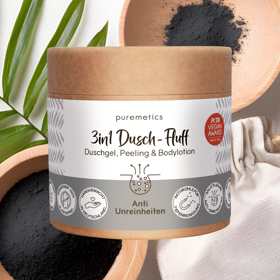 Puremetics | 3-in-1 Dusch-Fluff „Anti-Unreinheiten“ – Aktivkohle, Niacinamid & Salicylsäure (250 g)