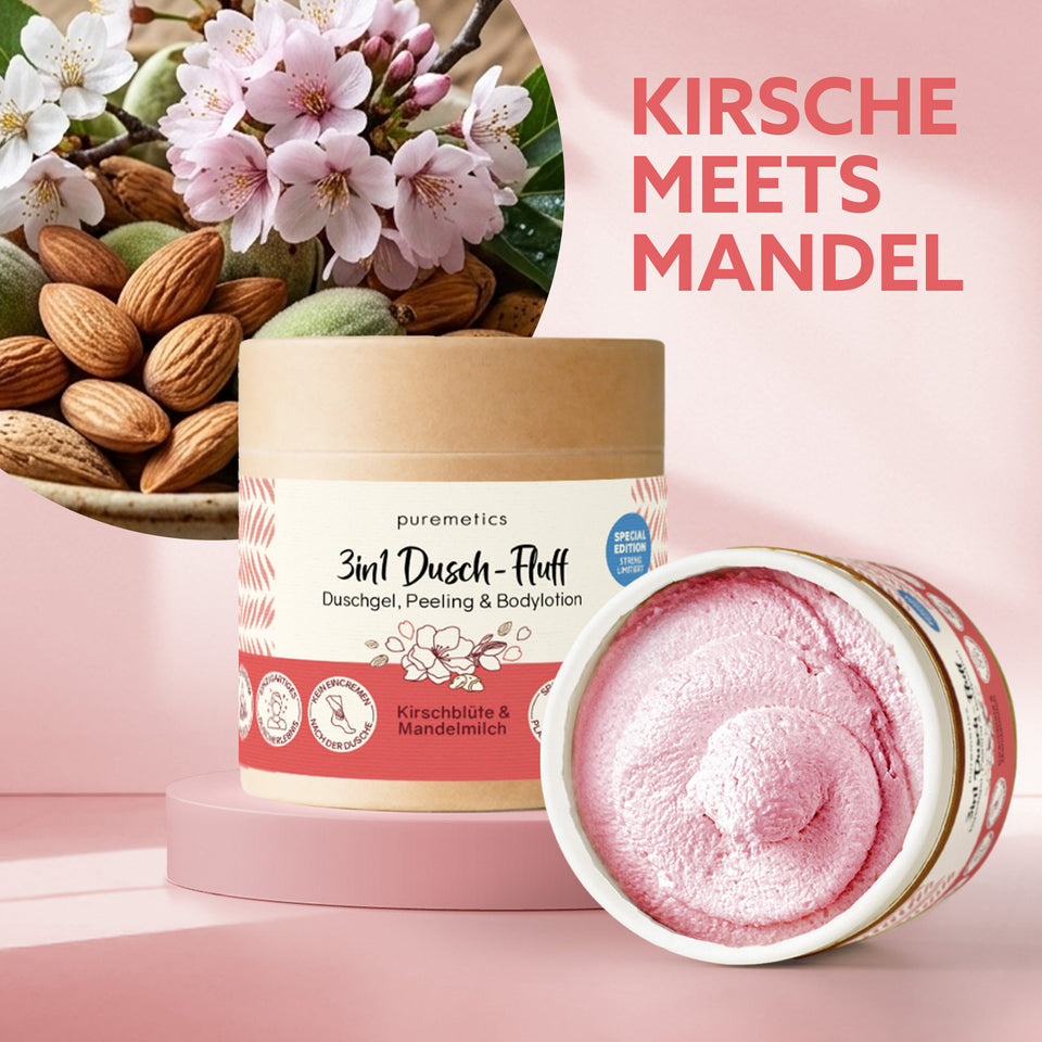 Puremetics | 3-in-1 Dusch-Fluff „Kirschblüte & Mandelmilch“ – Duschgel, Peeling & Pflege (250 g)