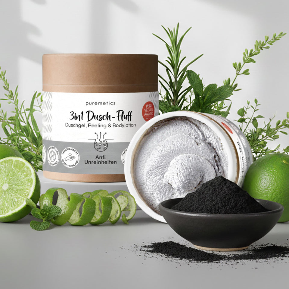 Puremetics | 3-in-1 Dusch-Fluff „Anti-Unreinheiten“ – Aktivkohle, Niacinamid & Salicylsäure (250 g)
