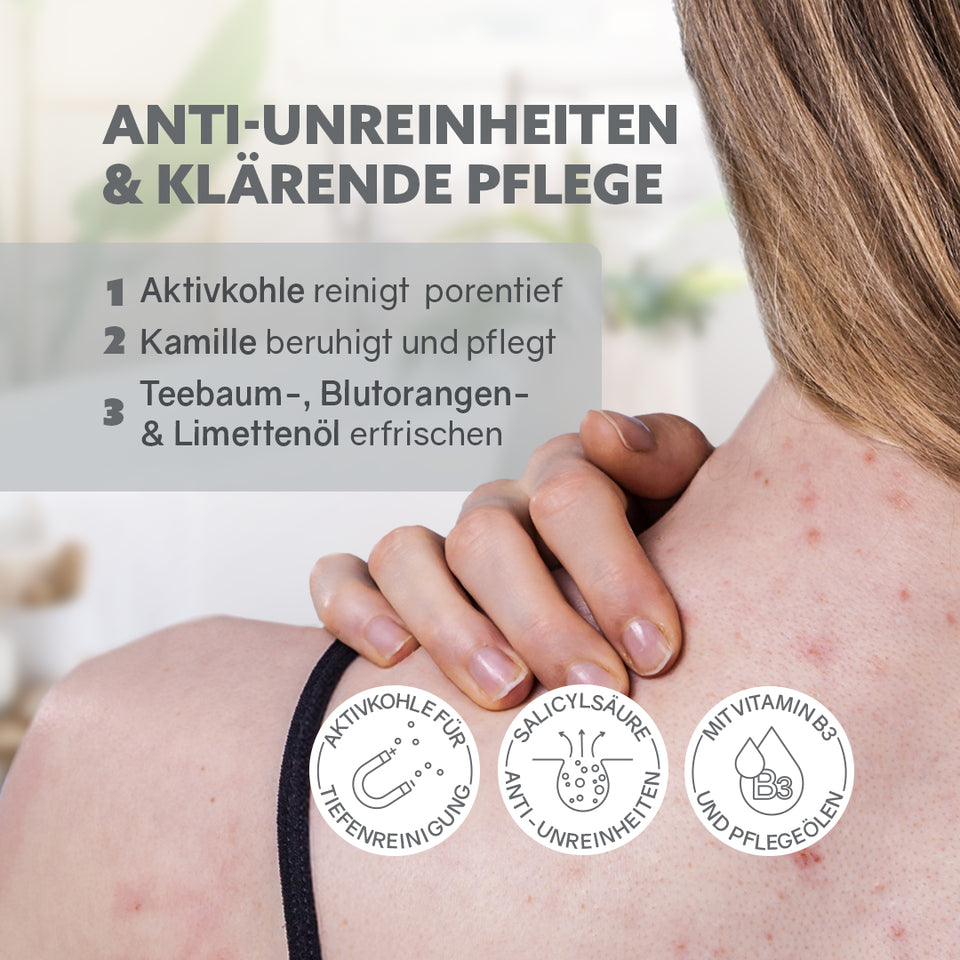 Puremetics | 3-in-1 Dusch-Fluff „Anti-Unreinheiten“ – Aktivkohle, Niacinamid & Salicylsäure (250 g)
