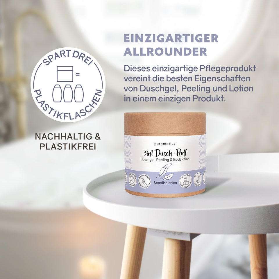 Puremetics | 3in1 Dusch-Fluff „Sensibelchen“ – Duschgel, Peeling & Pflege ohne Duftstoffe