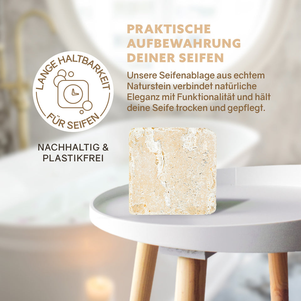 Puremetics Seifenablage aus Travertinstein – Naturstein Seifenschale mit Korkfüßen