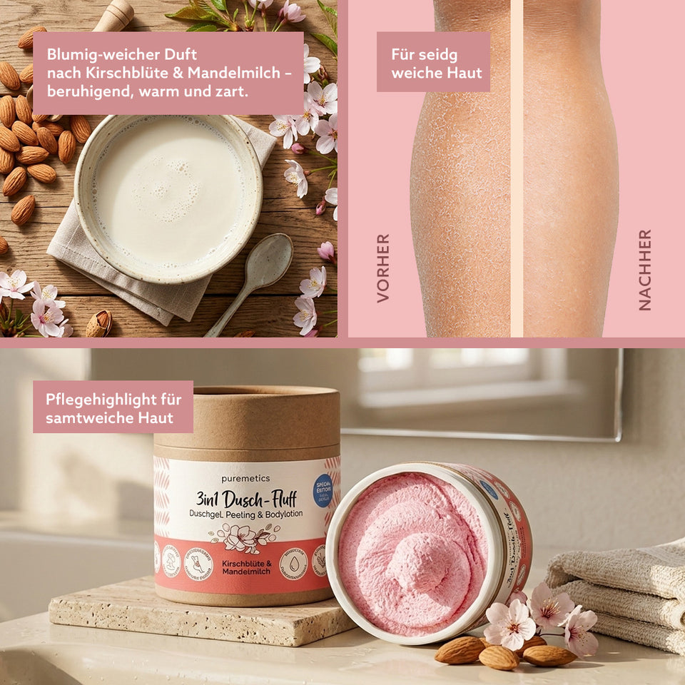 Puremetics | 3-in-1 Dusch-Fluff „Kirschblüte & Mandelmilch“ – Duschgel, Peeling & Pflege (250 g)