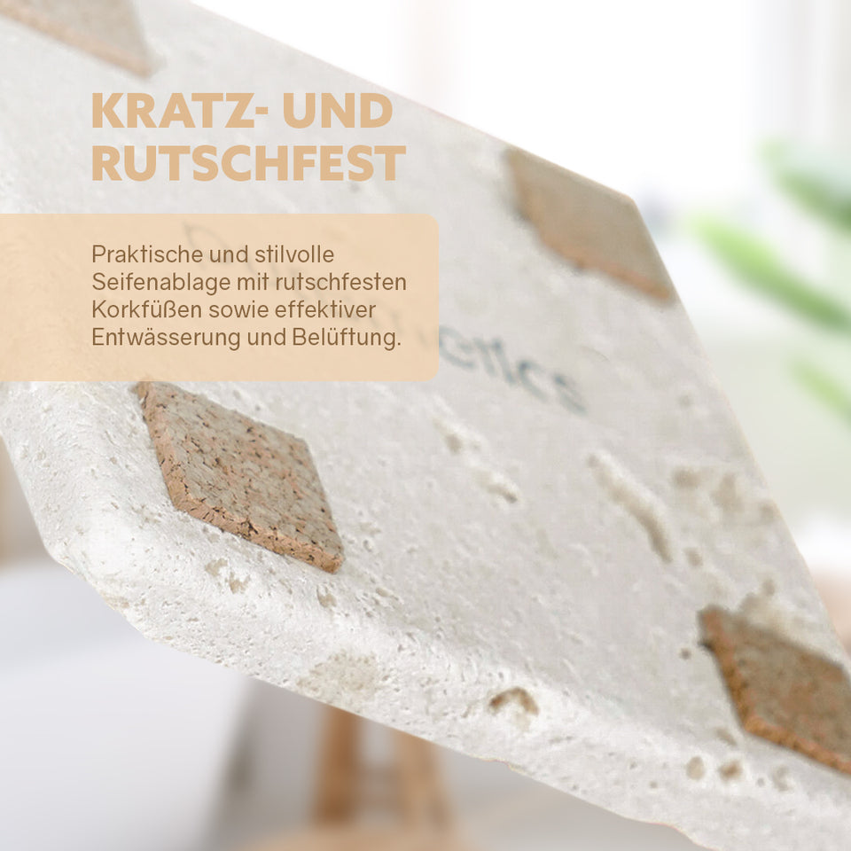Puremetics Seifenablage aus Travertinstein – Naturstein Seifenschale mit Korkfüßen