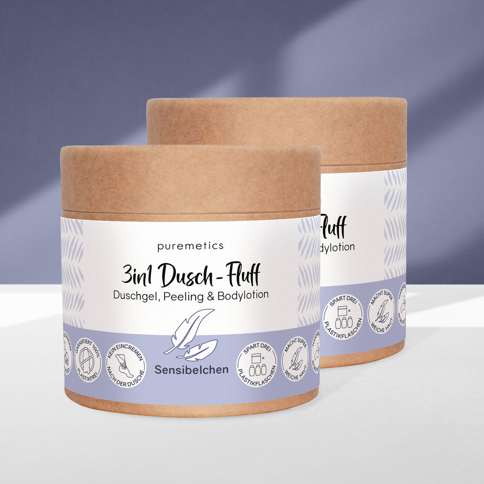 Puremetics | 3in1 Dusch-Fluff „Sensibelchen“ – Duschgel, Peeling & Pflege ohne Duftstoffe