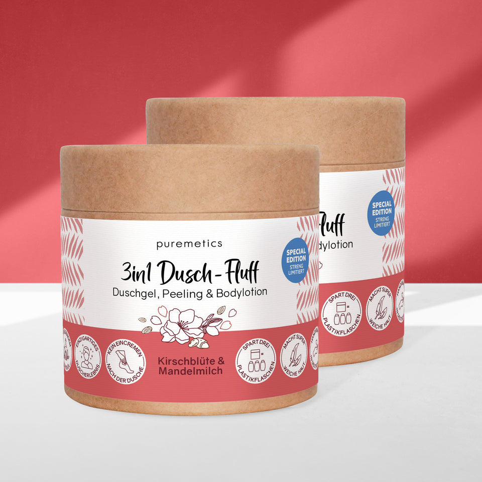 Puremetics | 3-in-1 Dusch-Fluff „Kirschblüte & Mandelmilch“ – Duschgel, Peeling & Pflege (250 g)