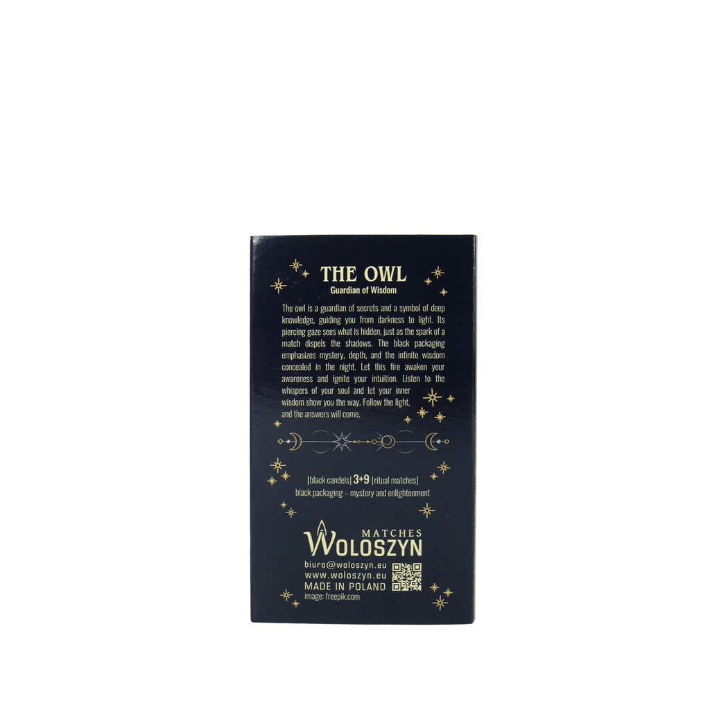 Ritual-Set „Die Eule – Hüterin der Geheimnisse“ – schwarze Kerzen & lange Streichhölzer