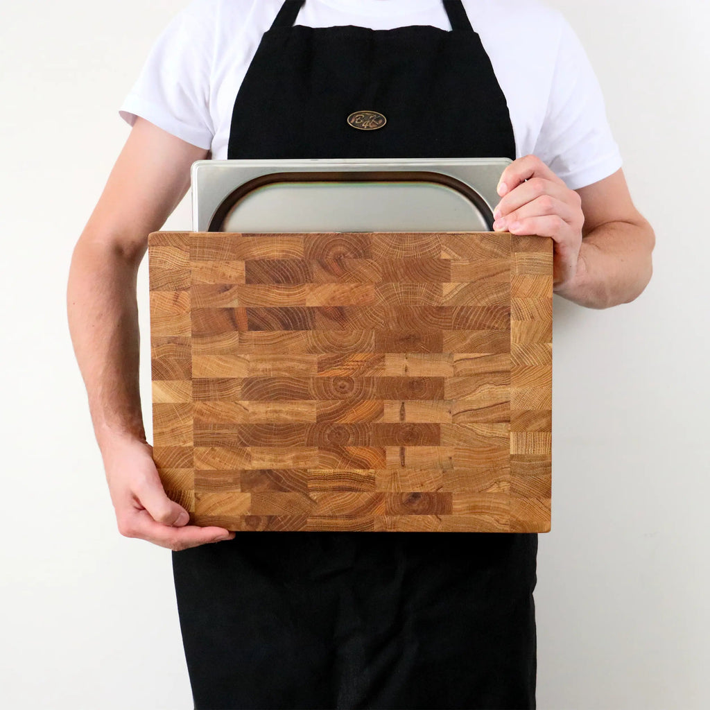 Stirnholz Schneidebrett Eiche 40x30x6cm – Massiv mit Edelstahl-Auffangschale