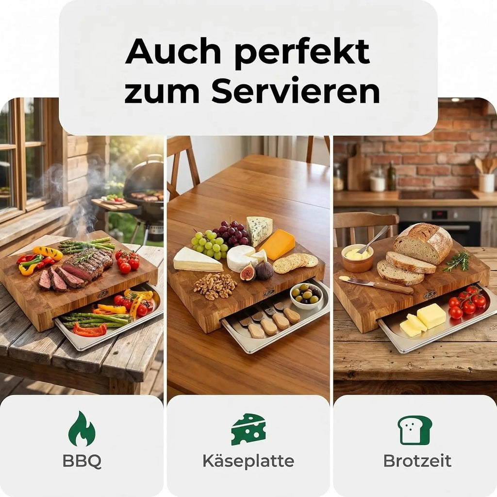 Stirnholz Schneidebrett Eiche 40x30x6cm – Massiv mit Edelstahl-Auffangschale