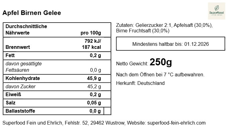 🍐 Apfel-Birnen-Gelee mild | Heimisches Duo aus dem Wendland | Superfood – fein & ehrlich 200 g