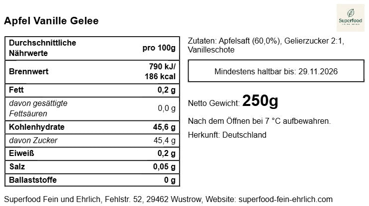 🍏Hausgemachtes Apfel-Vanille-Gelee | Edler Fruchtaufstrich | Superfood – fein & ehrlich 200 g