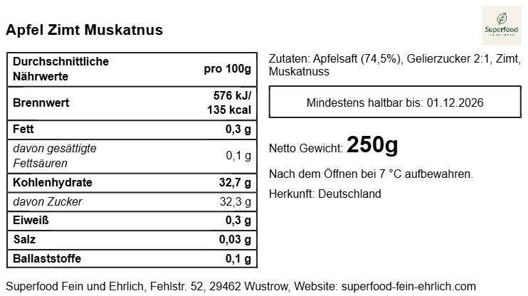 🍏 Apfel-Zimt-Muskat-Gelee | Exquisites Winter-Gelee | Superfood – fein & ehrlich 200 g