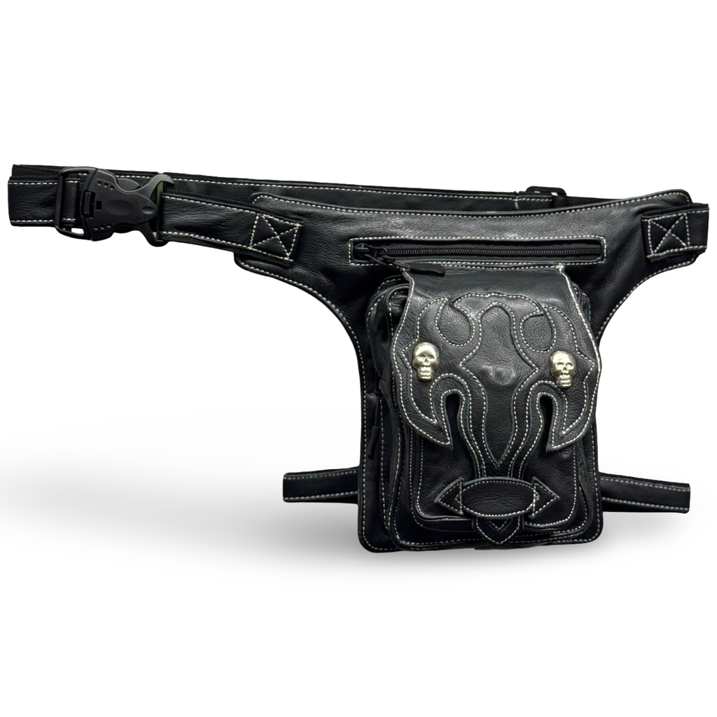 Leder Beintasche Herren Damen Motorrad Tasche Hüfttasche Braun Shadow Skull