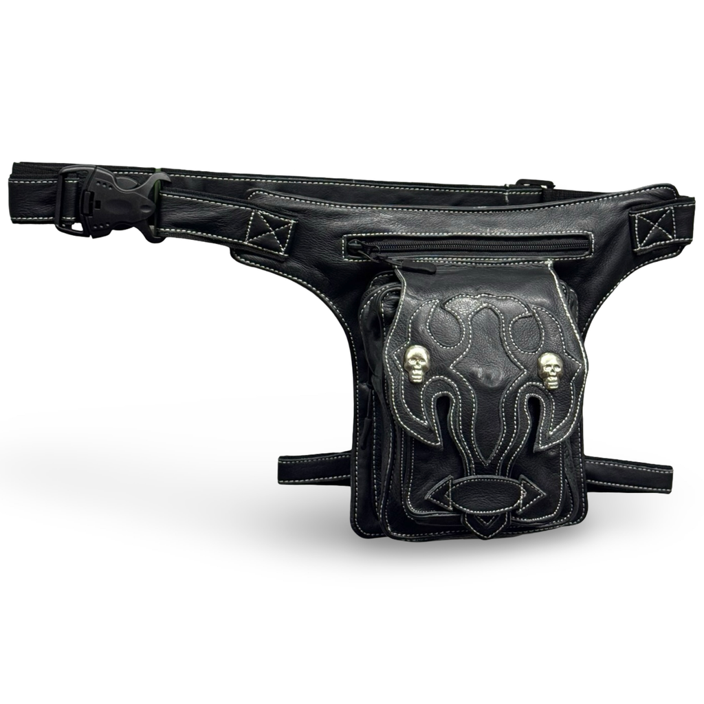 Leder Beintasche Herren Damen Motorrad Tasche Hüfttasche Braun Shadow Skull
