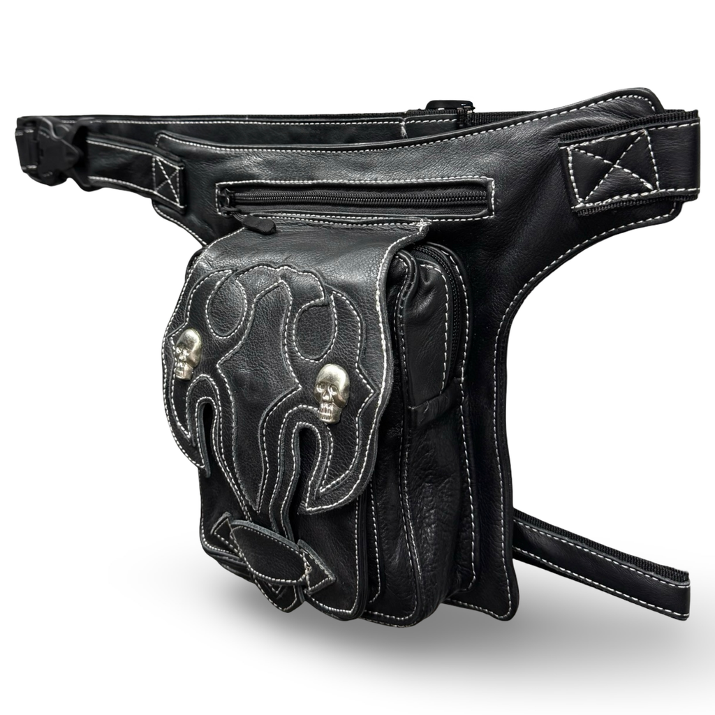 Leder Beintasche Herren Damen Motorrad Tasche Hüfttasche Braun Shadow Skull