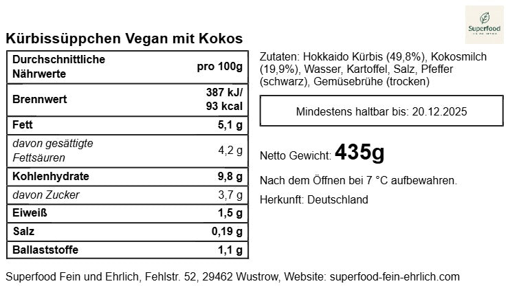 🥣 Vegane Kürbis-Kokos-Suppe | Cremiger Hokkaido aus dem Glas | Superfood – fein & ehrlich 400 g