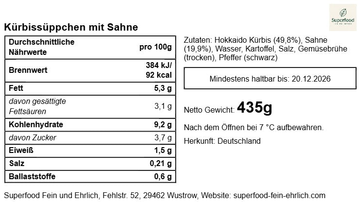 🥣Hokkaido-Kürbissuppe | Samtig & Regional | Superfood – fein & ehrlich 400 g