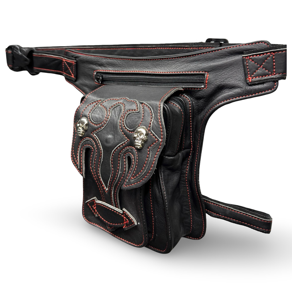 Leder Beintasche Herren Damen Motorrad Tasche Hüfttasche Braun Hellfire Red