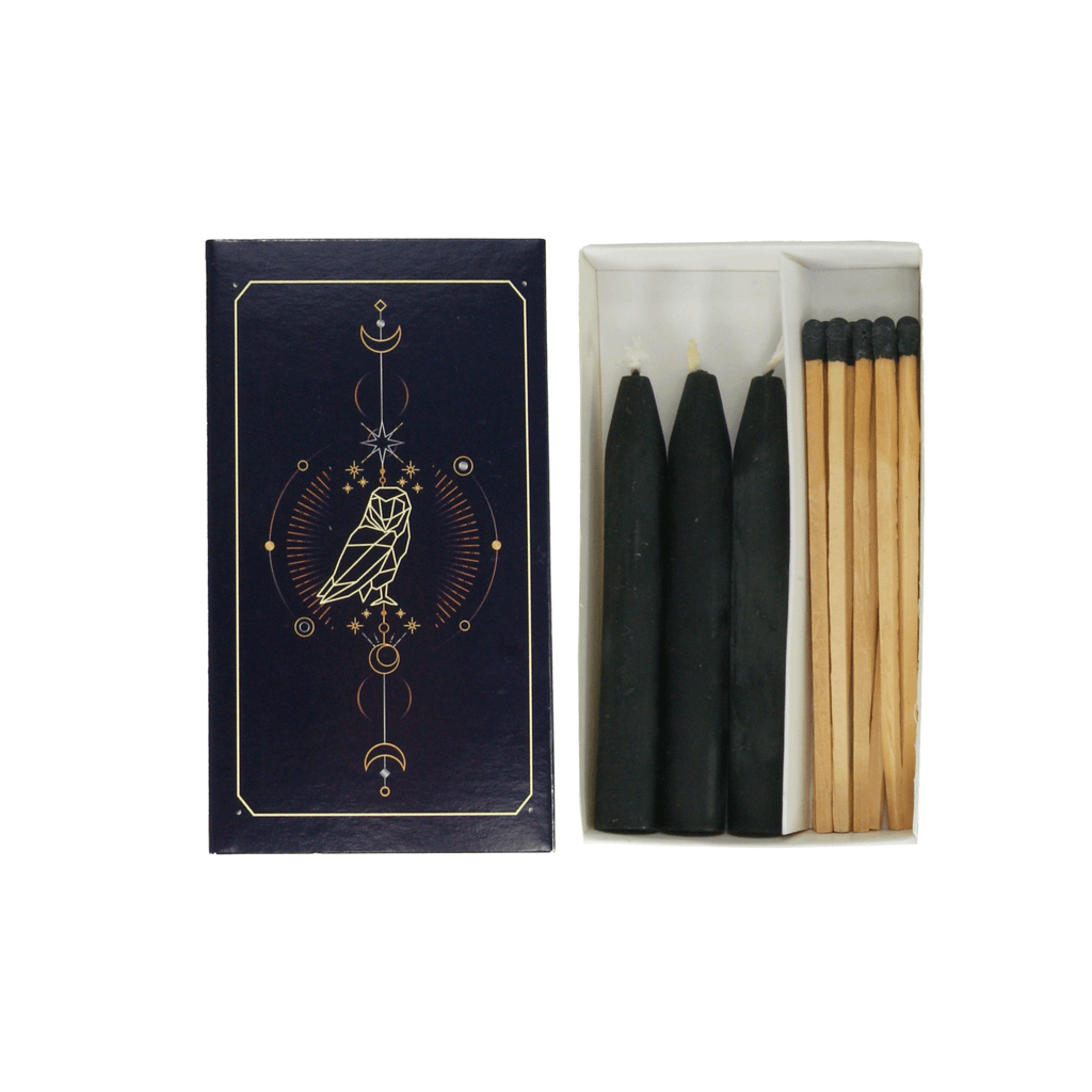Ritual-Set „Die Eule – Hüterin der Geheimnisse“ – schwarze Kerzen & lange Streichhölzer