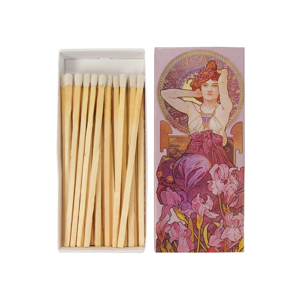 Jugendstil-Streichhölzer – „Frau in Schwertlilien“ von Alphonse Mucha, lange Design-Streichhölzer