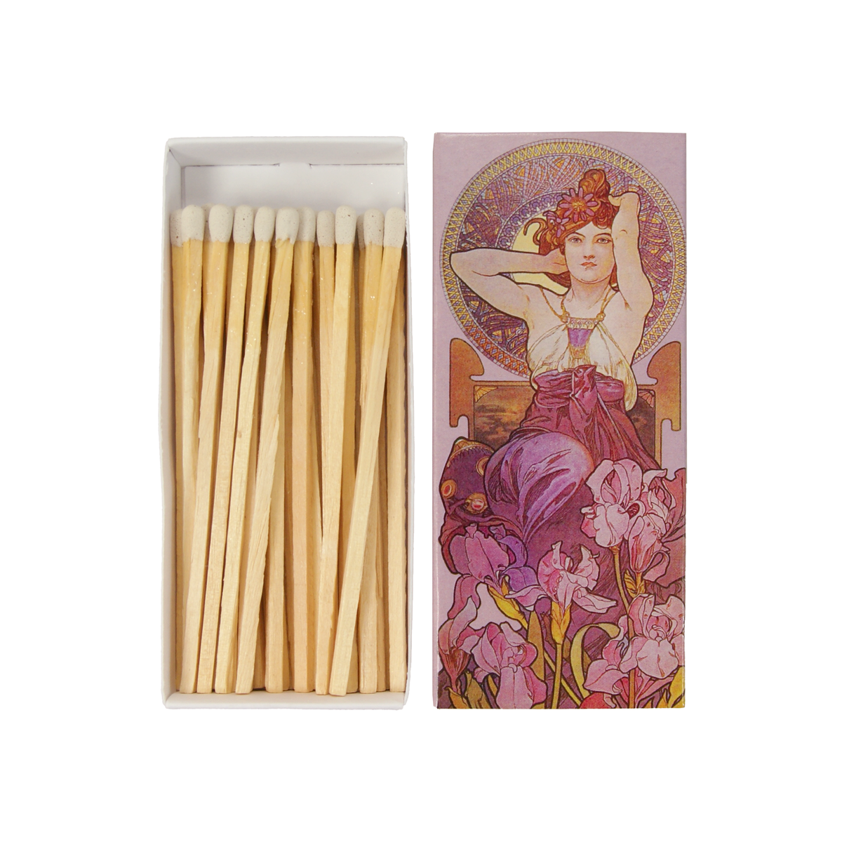 Jugendstil-Streichhölzer – „Frau in Schwertlilien“ von Alphonse Mucha, lange Design-Streichhölzer